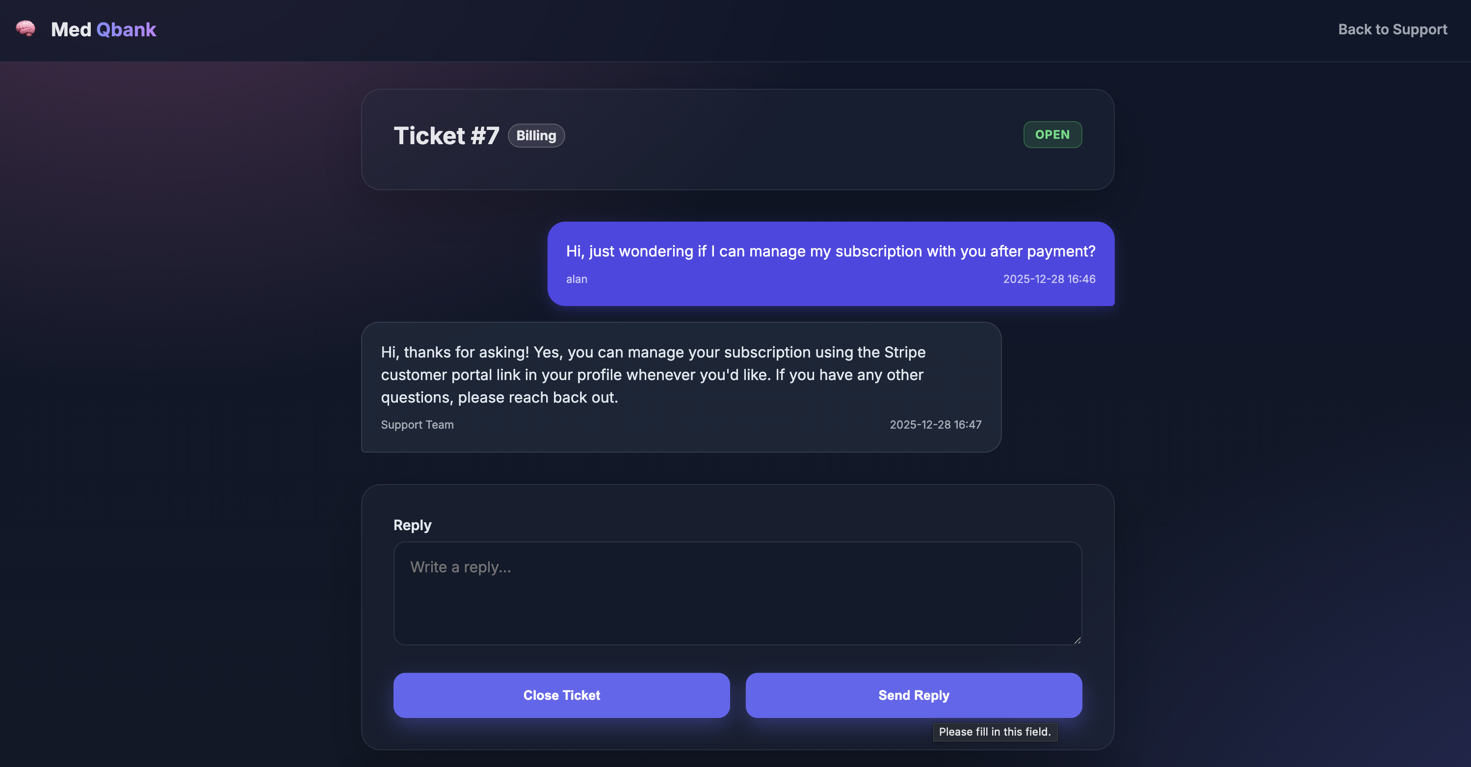 Med Qbank Support Interface showing a conversation with the support team